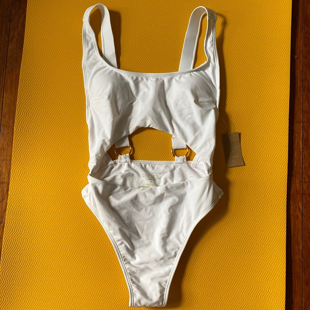 One piece Swimsuit by Rachel Showcasing Front Cutout and High Leg Cut Soft Cups